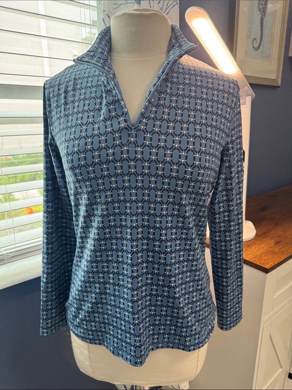J. McLaughlin Blue Geometric Long-Sleeve Quarter-Zip Top
